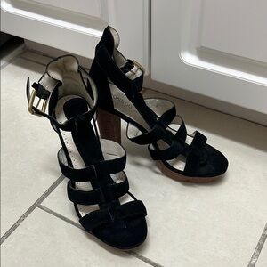 Rosegold Suede Platform Strappy Open Toe Sandal Heels | Size 6.5